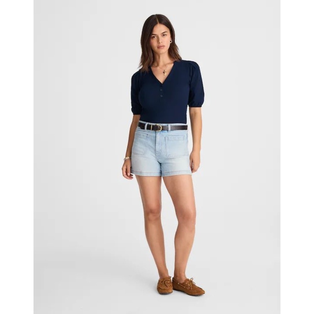 Madewell Navy Blue Puff Sleeve Ribbed Henley Top XXS Pima Cotton Mixed Media
